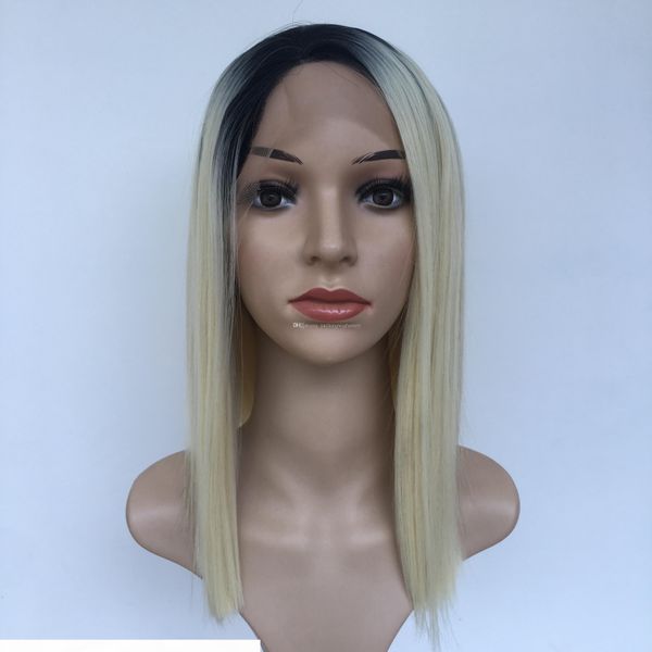 

bob lace front wig short synthetic hair wigs bob wigs ombre two tone t1b 613 straight brazilian virgin hair 130 density natural hairline gl, Black