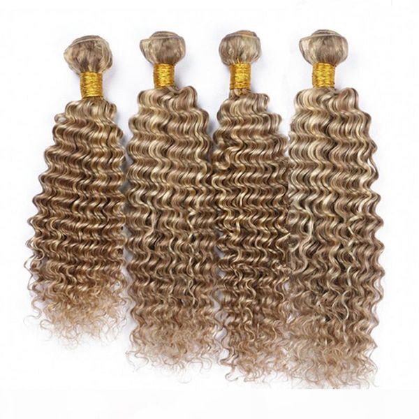 

deep wave #8 613 brown mixed with blonde piano color brazilian human hair bundles 4pcs piano mix color virgin human hair weave extensions, Black