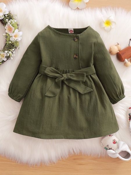 

baby solid half button belted dress she, Red;yellow