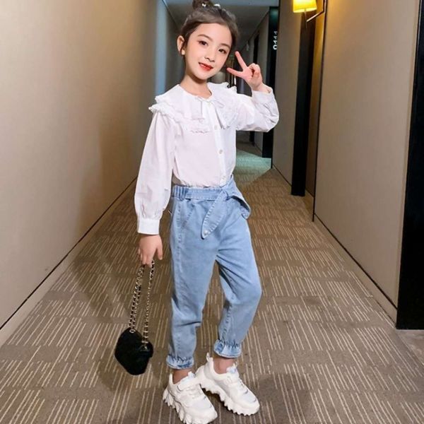 

suit girls' autumn jeans 2020 new korean children's thin lace shirt and two piece legged trousers, White;black