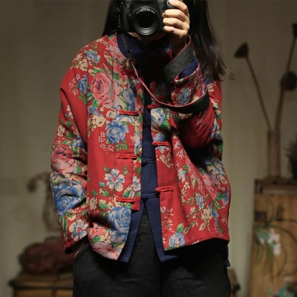 

2020 fashion chinese style clothing women vintage winter jackets casual quilted coats loose floral ladies chinese 11677, Red