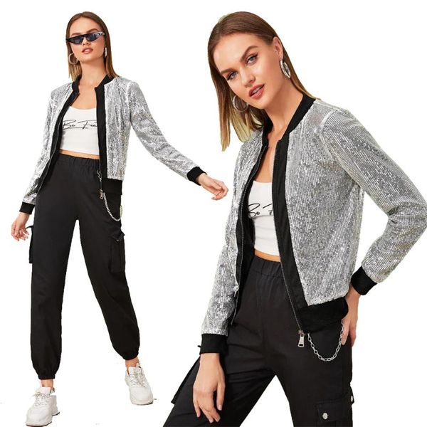

women's fashion casual silver sequin jacket, Black;brown