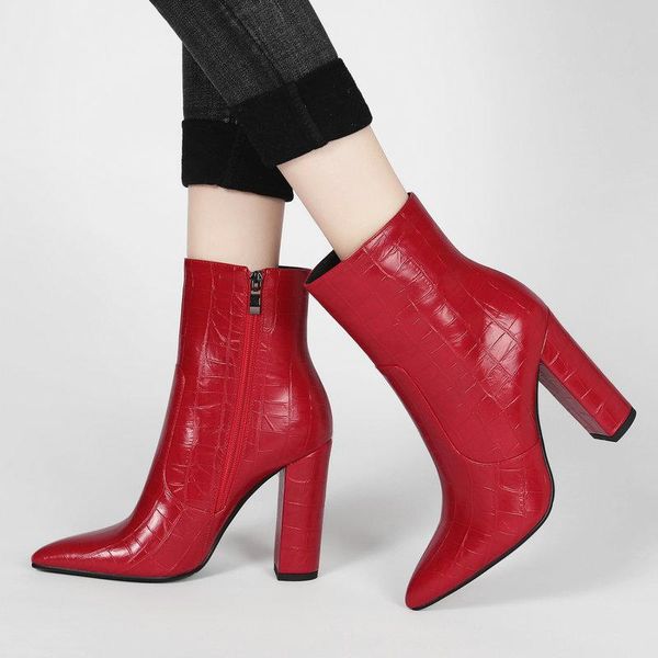 

band women boots faux leather square high heel ankle boots fashion zipper autumn winter comfort pointed toe shoes woman, Black