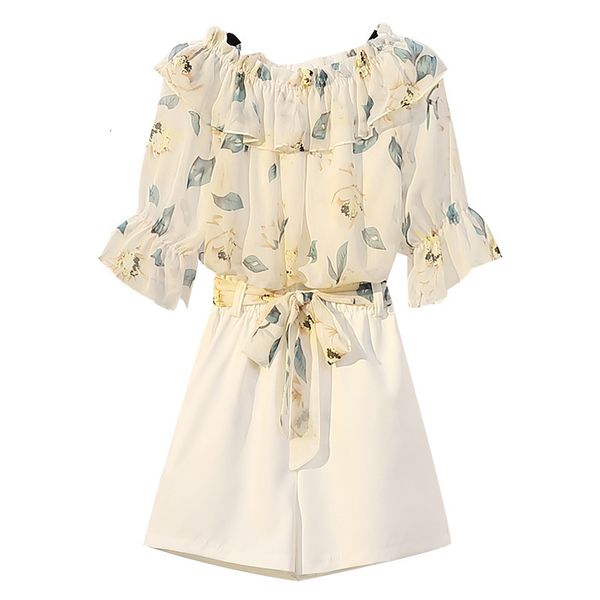 

2021 new plus size 4xl 2 define summer sweet chiffon imprint a word turtleneck and white shorts two pieces women's clothes pa10, Gray