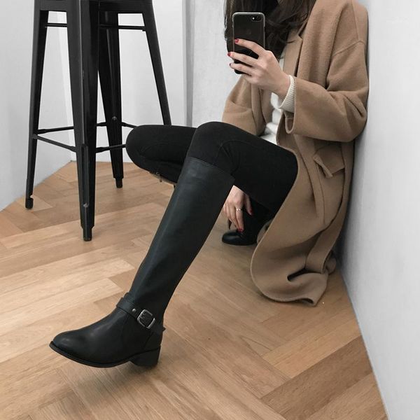 

boots 2021 leather high heels knee-high ladies 4cm/6cm round toe thick heel autumn and winter black size 33-421