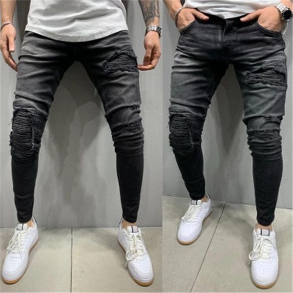 

man folds hole jeans fashion trend casual zipper all-match slim denim pants designer male autumn new elastic waist skinny denim trousers, Blue