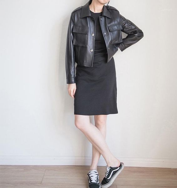 

2020 spring autumn chic women's genuine leather pockets short coat chic real leather jackets for women b6411, Black