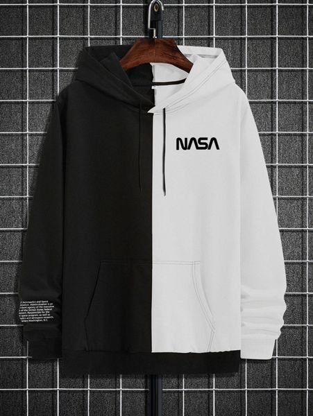 

men slogan graphic colorblock kangaroo pocket drawstring hoodie q4wa#, Black