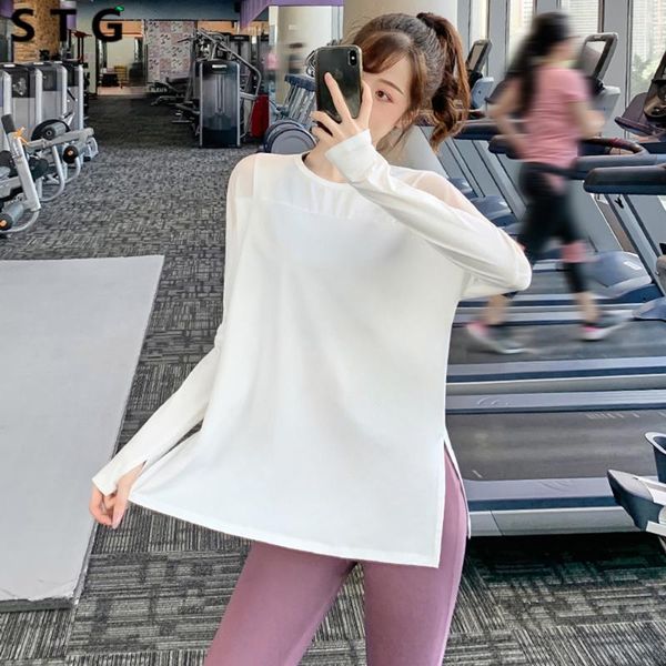 

yoga outfits loose clothes for fitness sport shirt women blouse o-neck workout running long sleeve gym with thumb holes, White;red
