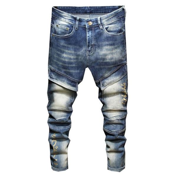 

men's multi pockets washed blue stretch denim jeans slim fit pencil pants janpanese letters printed trousers
