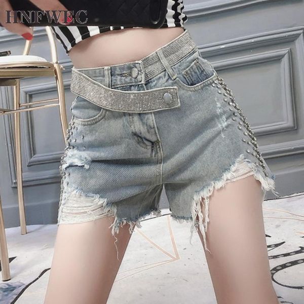 

2020 new spring summer fshion street style high waist rhinestone tassel hole button straight denim shorts women v082, Blue