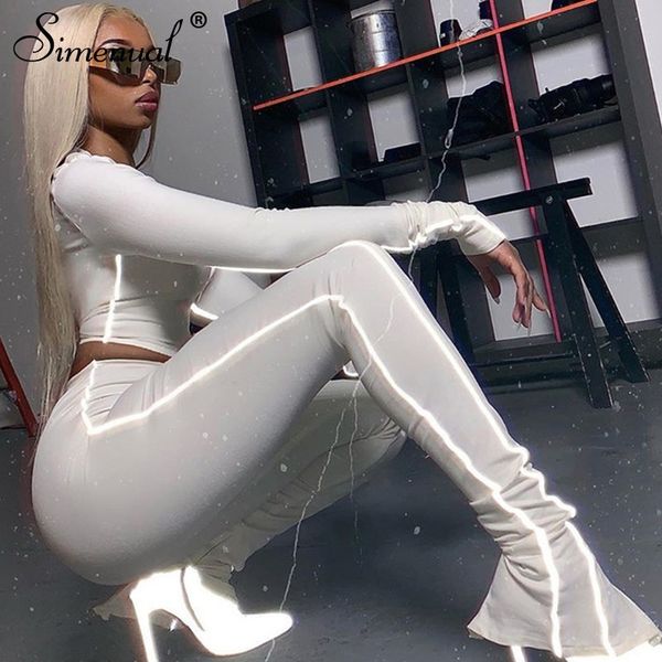 

simenual reflective stripe workout matching sets fashion sporty casual women 2 piece outfit long sleeve zipper and pants set y200110, White