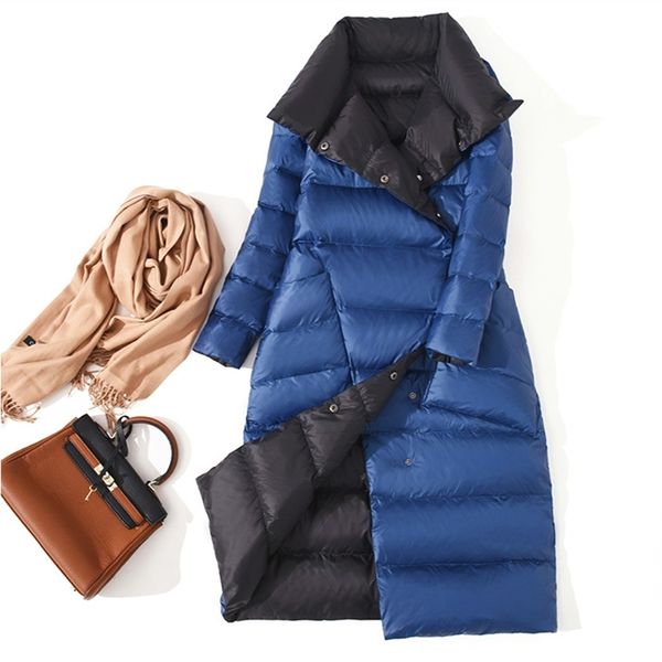 

ftlzz new women double sided down long jacket winter white duck down coat double breasted warm parkas snow outwear 201203, Black