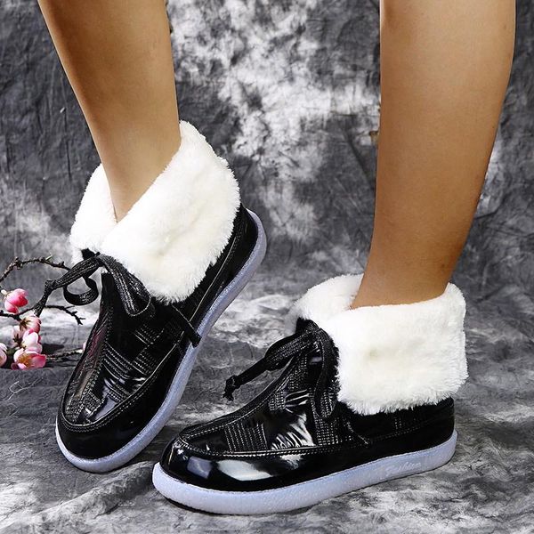 

women sequined cloth fur snow boots 2020 women's warm winter ankle boots ladies lace up flats woman plush footwear female shoes, Black