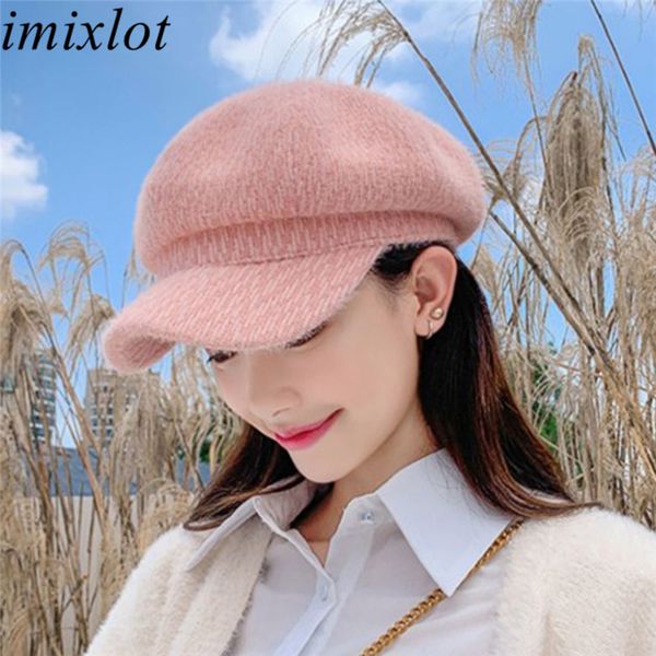 

imixlot women autumn winter hat elegant charm soft warm octagonal cap fashion solid color plush fluffy casual berets, Blue;gray