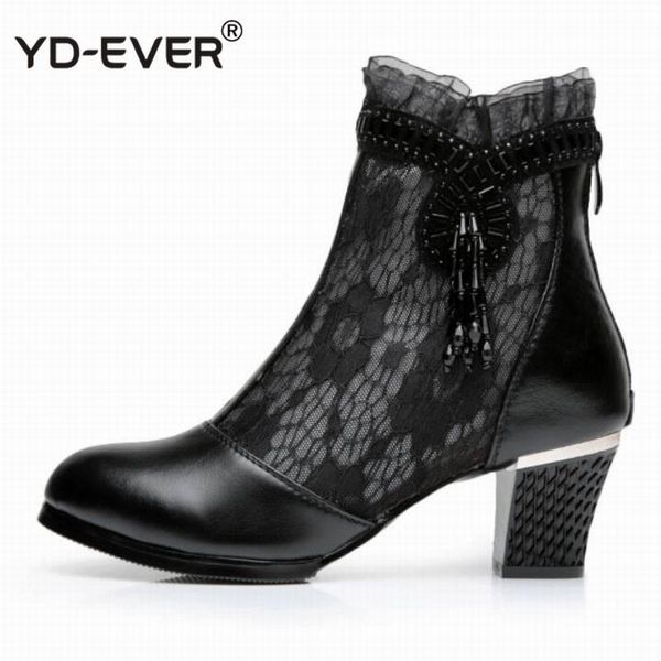 

boots big size summer ankle square toe genuine leather shoe tassel zipper footwear fashion high heels female shoes, Black