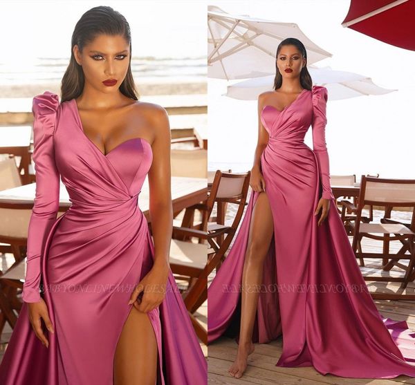 Elegante Árabe Rosa Vermelho Um ombro Prom Vestidos Uma Linha Sweetheart Sexy Side Side Split Vestidos de Noite Long Robe de Soriee