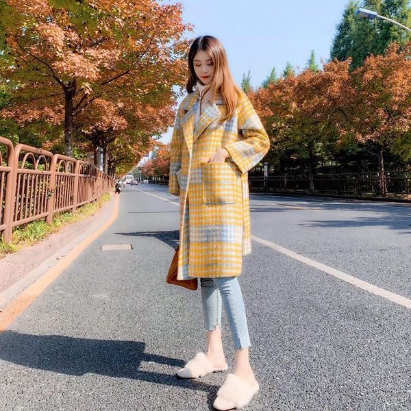 

autumn winter thick houndstooth lattice coat office lady women turn-down collar plaid long woolen coats loose outwear1, Black