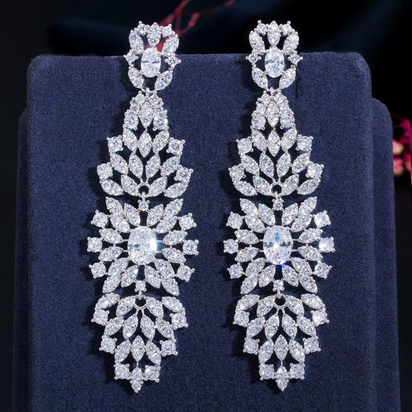 

cwwzircons american european women cz wedding prom jewelry white cubic zirconia long dangling earrings for brides party cz655, Silver