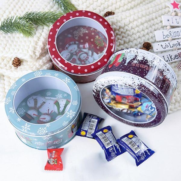 

christmas decorations round candy metal sugar box biscuits holder container transparent cookies storage case xmas decor festival gifts1