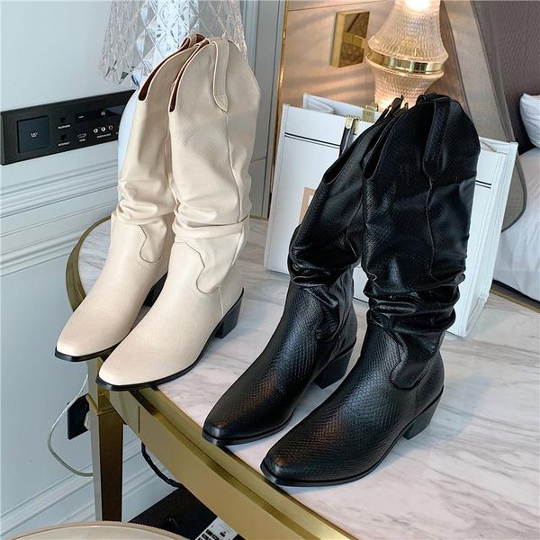 

2020 new ins women black block high heels mid calf boots lady riding cowboy boots winter designer thigh high western shoes