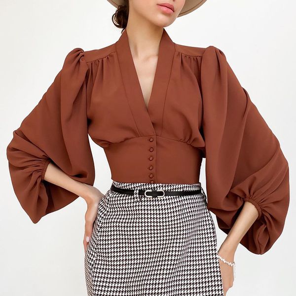 

new 2021 spring v-neck sleeve womens and blouses fashion women shirt blusas roupa feminina thxd, White