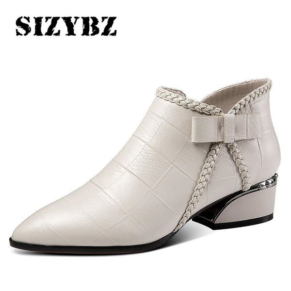 

pointed toe beige square heel women 2019 fashion butterfly-knot ankle boots zipper pu leather rubber zapatos mujer, Black