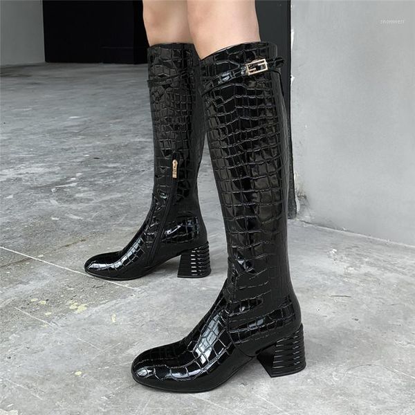 

2020 new fashion autumn winter western cowboy boots stone grain round toe high heel boots buckle strap zipper women's shoes1, Black
