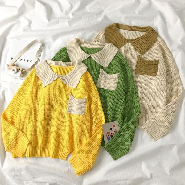 

2020 new chic preppy style women sweaters korean turn-down collar pockets long sleeve female pullovers vintage knit jumper femme1, White;black
