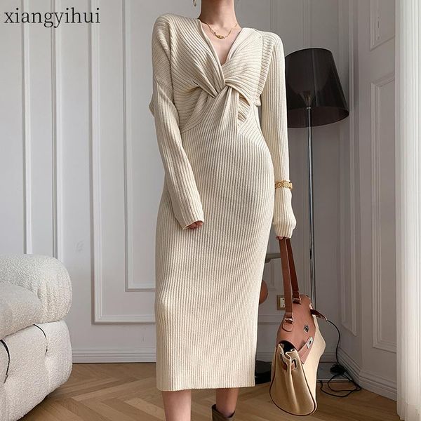 

pure beige knot v neck knitted sweater dress winter fashion long sleeved thicken warm pencil dress high waist dresses, Black;gray