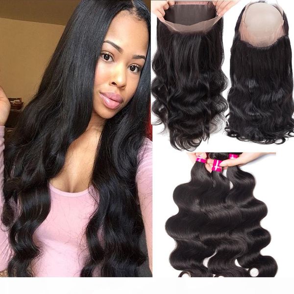 

3bundles brazilian body wave with 360 lace frontal natural black brazilian peruvian malaysian indian body wave with 360 lace frontal closure, Black;brown