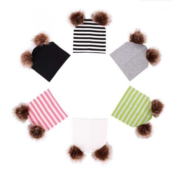 

beanies parent hat baby winter warm women kids cotton caps striped girl fur pompom ball beanie boy soft cute cap gift1