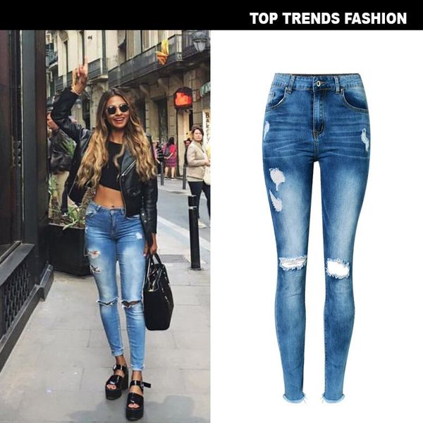 

women's jeans women high waist denim elastic skinny pencil pants tassel hole female casual washed cotton, Blue