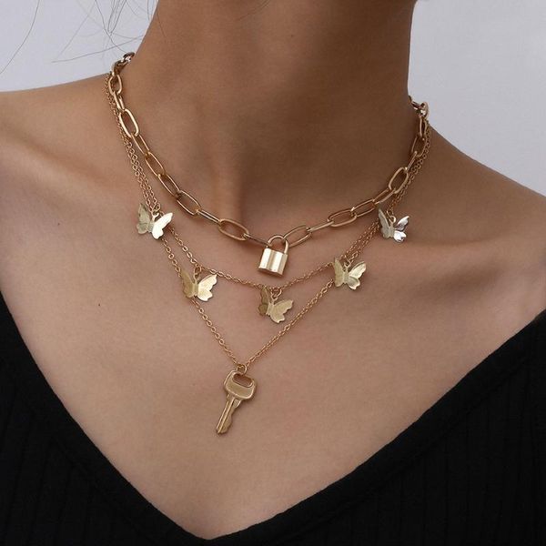 

bohemian cute butterfly choker necklace for women gothic cuban chain link layered key pedant necklace clavicle chain neck collar, Silver