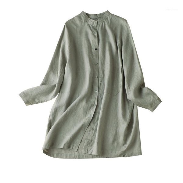 

linen long-sleeved women shirt loose autumn casual solid stand collar items clothes for women1, White