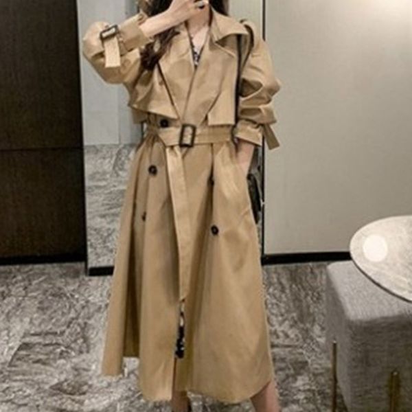 

windbreaker women's 2020 spring and autumn korean trench casual british style small mid-length loose khaki coat trend, Tan;black