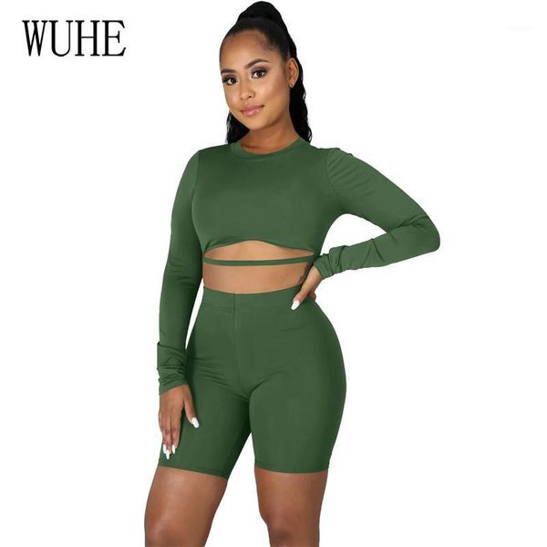

wuhe hollow out o neck long sleeve crop and short pants women two piece set tracksuit jogger nightclub wear outfit1, Gray