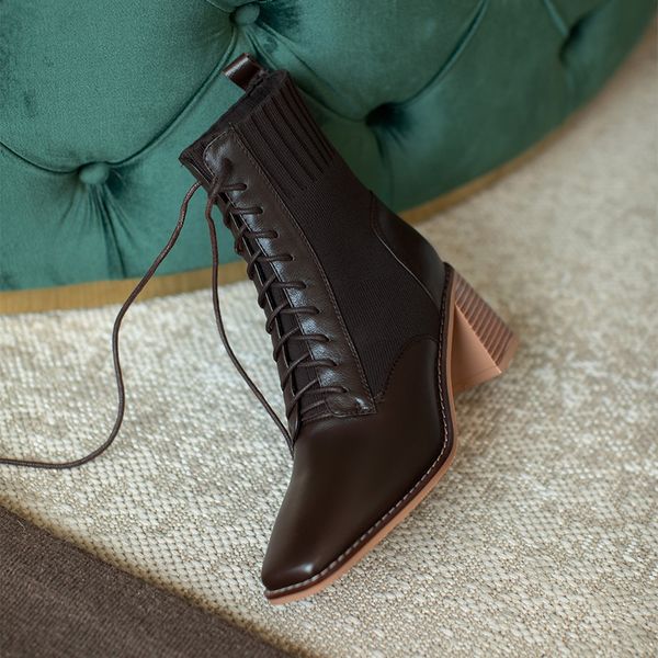 

2021 new high heel ankle cow leather knitting lace up women shoes autumn winter square toe short boots size 34-39 9u1d, Black
