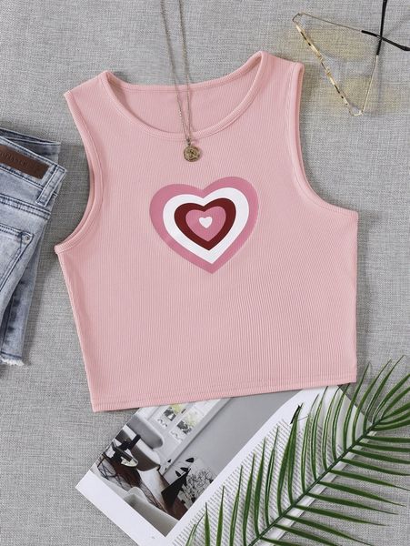 

heart print rib knit crop tank s1cl#, White