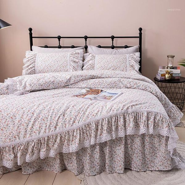 

korean pure cotton pastoral princess floral lace ruffles skirt-style bedding set ropa de cama couvre lit duvet cover set1