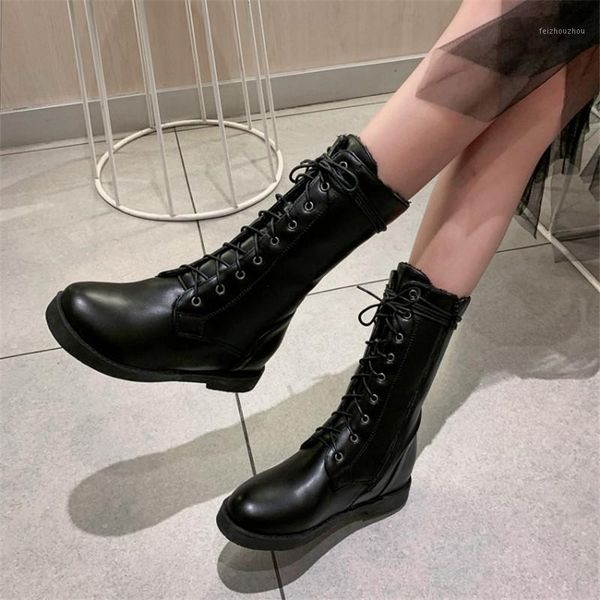 

pxelena women mid calf boots hidden heel lace up punk rock gothic combat motorcycle knight biker shoes plus size1, Black