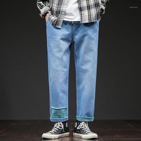 

2020 autumn and winter new youth popular men's loose large size personality stitching jeans fashion casual straight-leg pants1, Blue