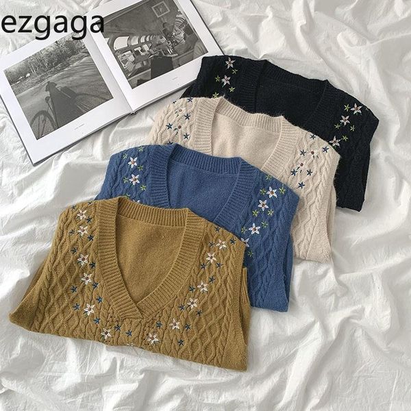 

women's vests ezgaga women sweater vest fashion autumn 2021 japanese preppy style female floral embroidery v-neck sleeveless waistcoat, Black;white