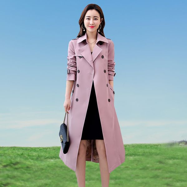 

new 2021 autumn long trench double breasted thin female fashion jacket office coat blhp, Tan;black