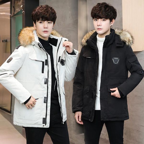 

new winter 20ss canadian men down jacket mens fashion long thick white duck down jacket long sleeve fake fur hooded mens windbreaker, Black