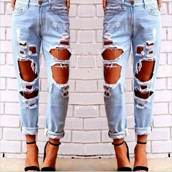 

women's loose plus size wild exaggerated big hole beggar boyfriend jeans, Blue