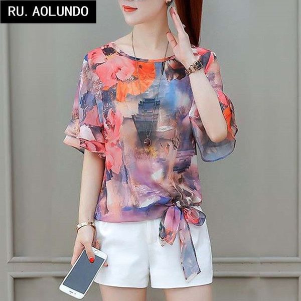 

2020 new fashion summer loose floral chiffon women's short sleeve belly covering batman shirt shows thin top