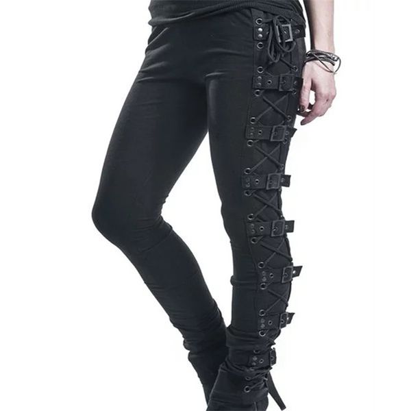 

rosetic lace up casual cargo pants women buckle gothic punk rock dark black pantalons high waist pants plus size trousers s-5xl 201031, Black;white
