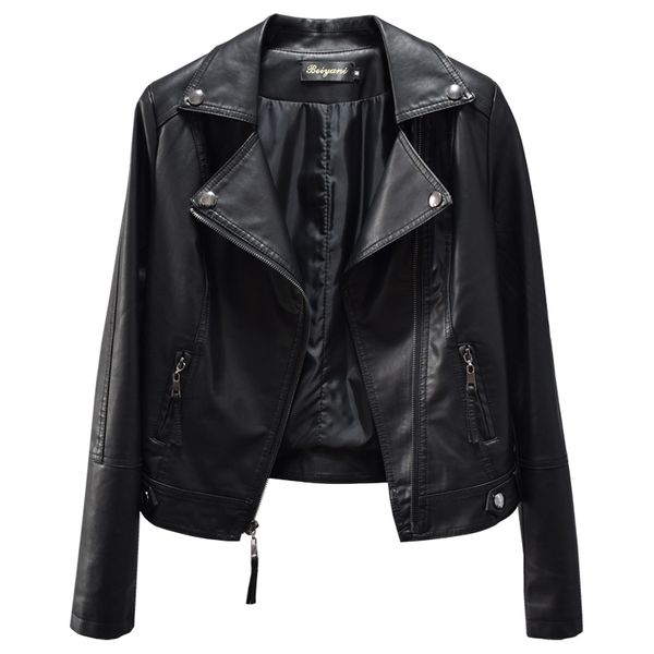 

spring fashionable female clothing large size women's leather jacket long sleeve leather coat lapel pu leather jacket 2029 201030, Black