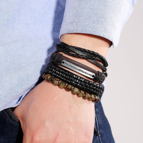 

eif dock 4pcs/ set braided wrap leather bracelets for men vintage tiger eyes stone charm beads ethnic tribal wristband qylcur